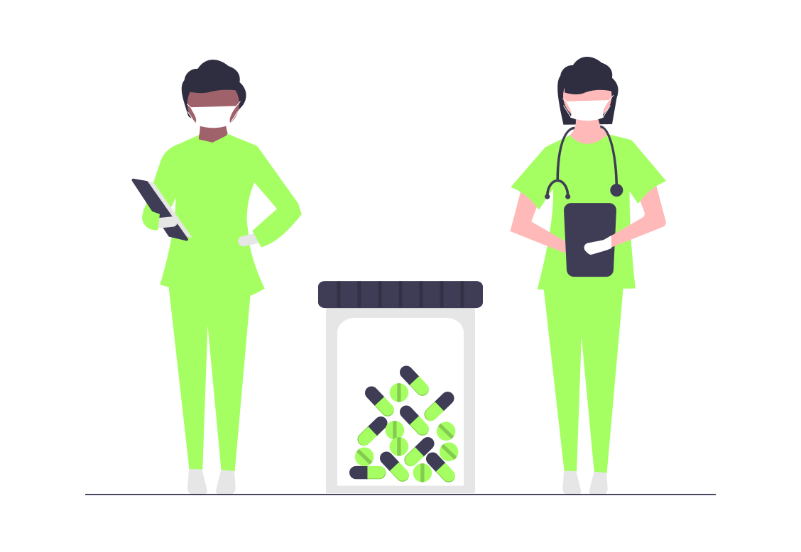 An illustration of two doctors wearing green standing next to a container with tablets in.